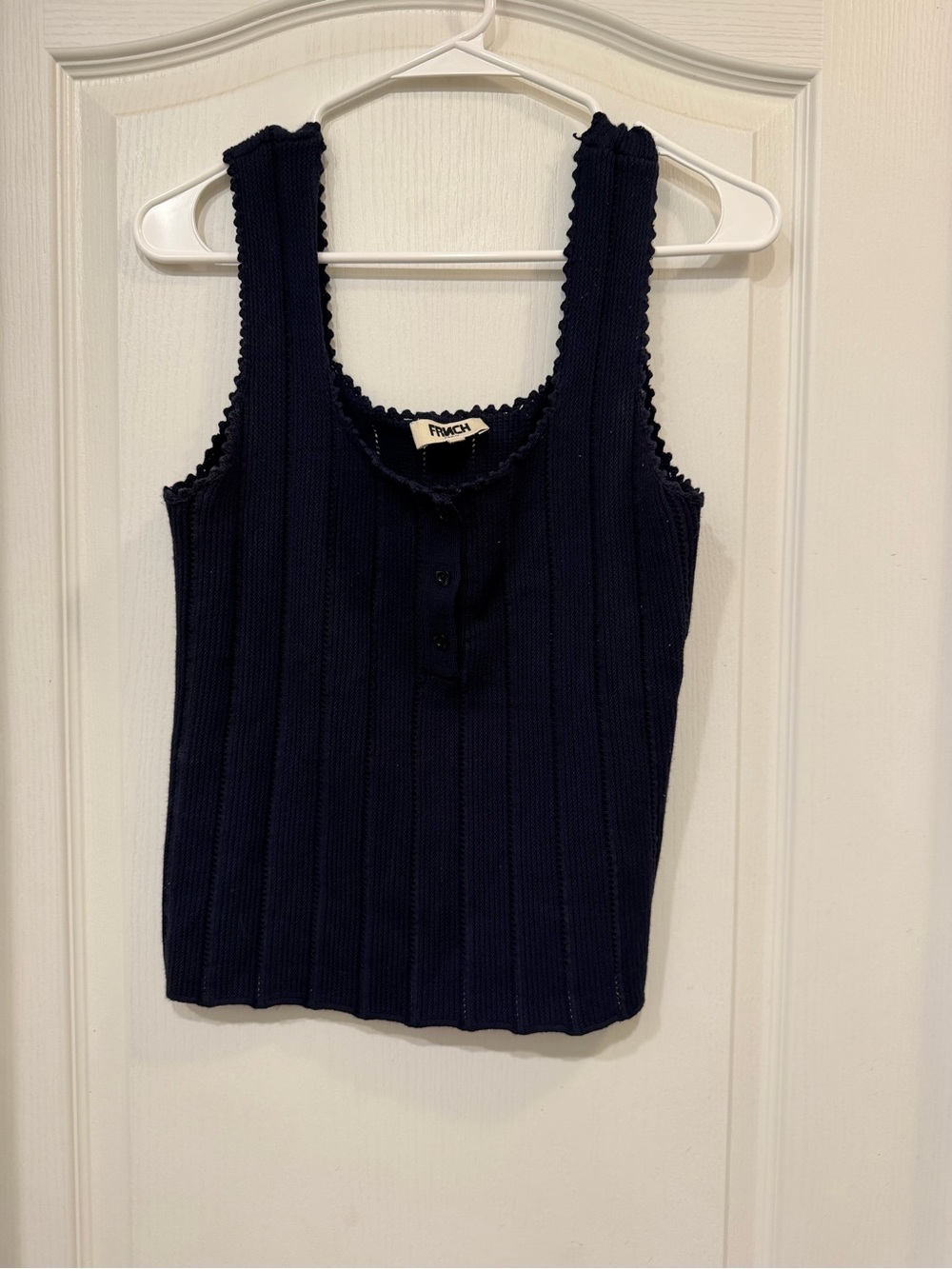 FRNCH Paris Size Small Navy Ribbed Pointelle Knit Square Neck Tank Top